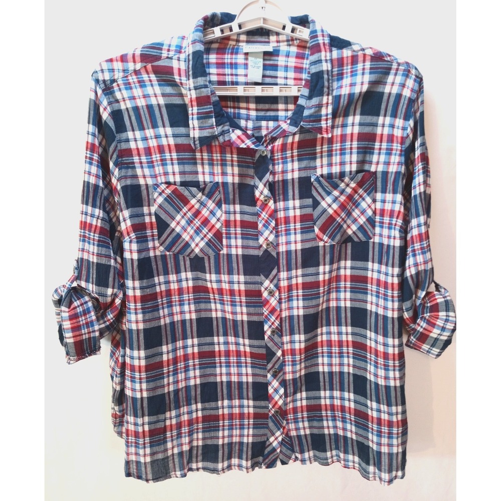 Catherines Women's Button Up Roll Tab Short Sleeve Shirt, 5X, Red White Blue